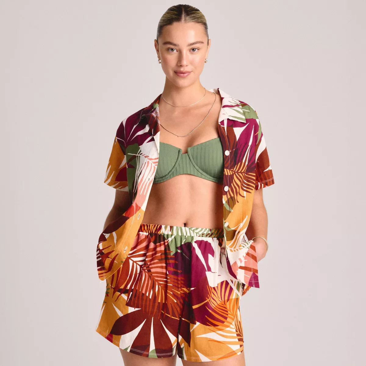 Vitamin A Women's Short Sleeve Cover Up Shirt - Multi Palm Print S: Linen & Rayon Blend, Front Bu... | Target