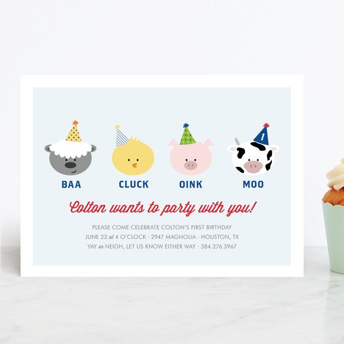 "Barnyard Crew" - Customizable Children's Birthday Party Invitations in Blue by Leslie Ann Jones. | Minted