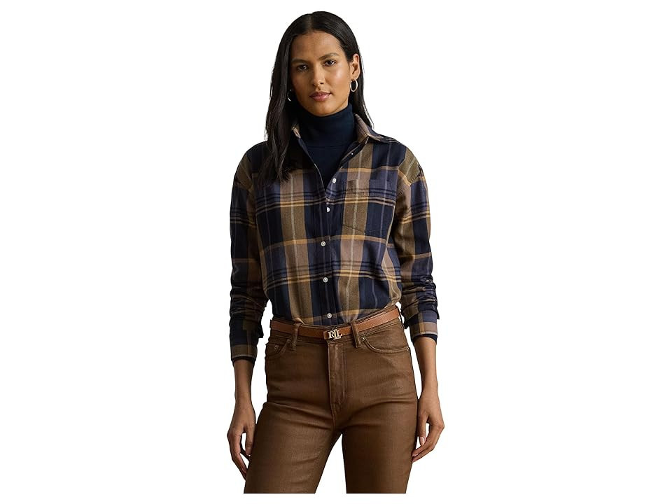 Lauren Ralph Lauren Relaxed Fit Plaid Cotton Twill Shirt Women's Clothing Blue/Tan : MD | Zappos