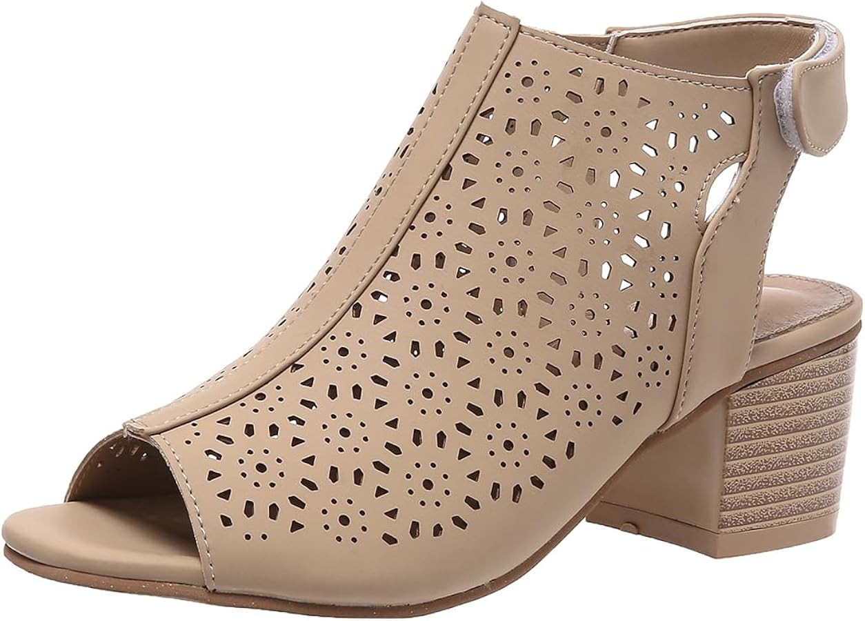 ZDLJLY Peep Toe Booties Women, Ankle Booties Skeleton Boots Hook & Loop Strap Cut Out Mid Block H... | Amazon (US)