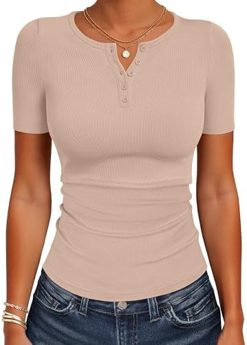 ANRABESS Womens Tops Short Sleeve Henley Shirts 2026 Summer Ribbed Slim Fit Basic Casual Tee Blou... | Amazon (US)