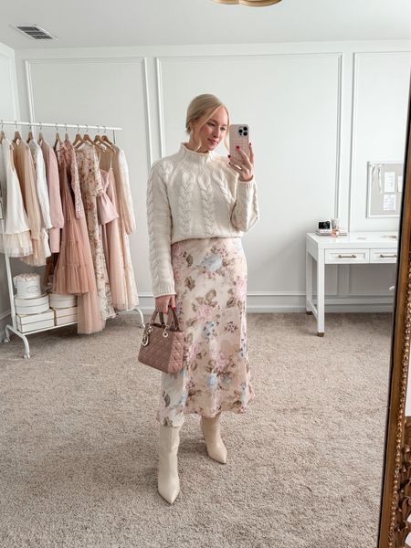 Dinner date OOTN! Wearing this pretty blush pairing for Valentine’s Day. My sweater is sold out but linking it for details along with a similar option. My skirt and boots were both NSALE purchases so sizing is limited  

#LTKSeasonal