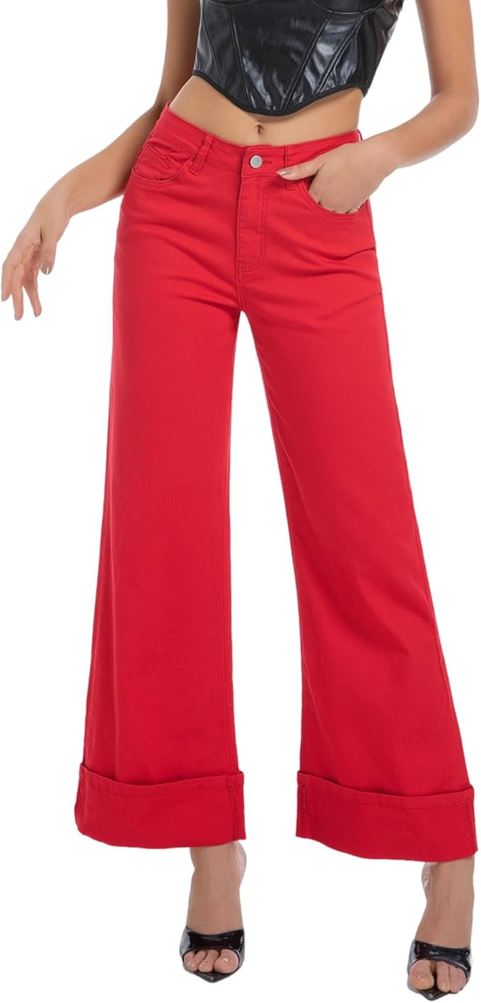 Wide Leg Jeans Woman Stretchy Cuffed High Waisted Baggy Jeans Loose Denim Pants | Amazon (US)