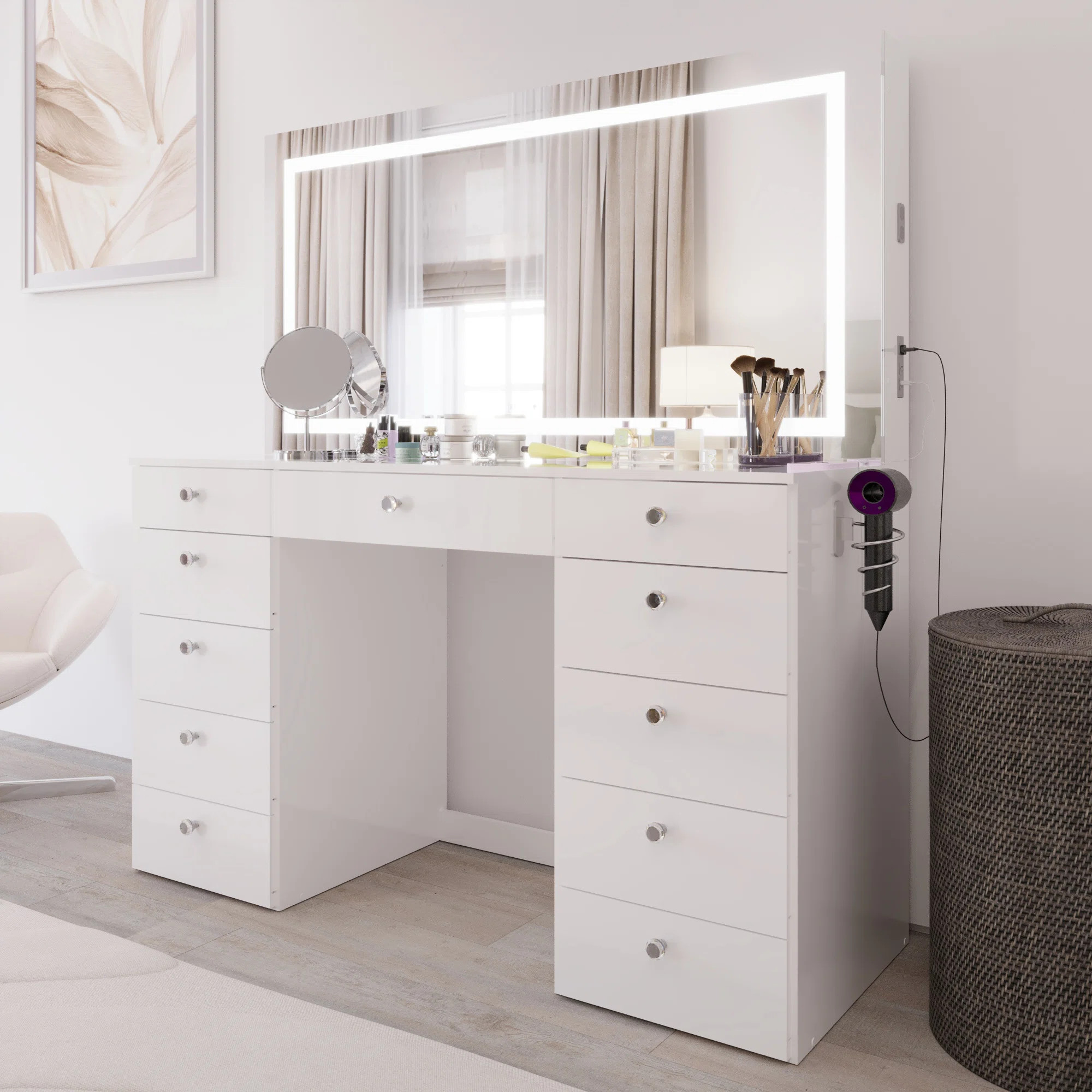 Lydia Extra-Large Makeup Vanity With Bluetooth Speakers And LED Mirror | Wayfair North America