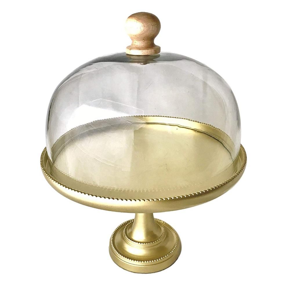Kauri Design 1-Tier Champagne Gold Mango Wood Large Cake Stand with Glass Top | The Home Depot