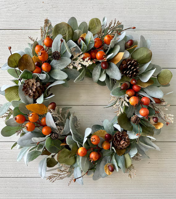 Fall Lambs Ear and Berry Wreath for Front Door Modern Rustic - Etsy | Etsy (US)