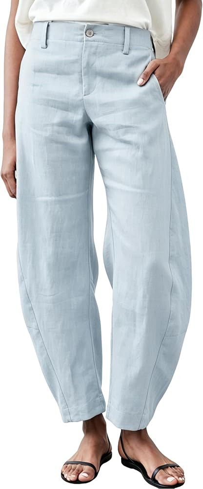 Womens Linen Barrel Pants Baggy Wide Leg Palazzo Trousers Casual Capris Pants with Pockets | Amazon (US)