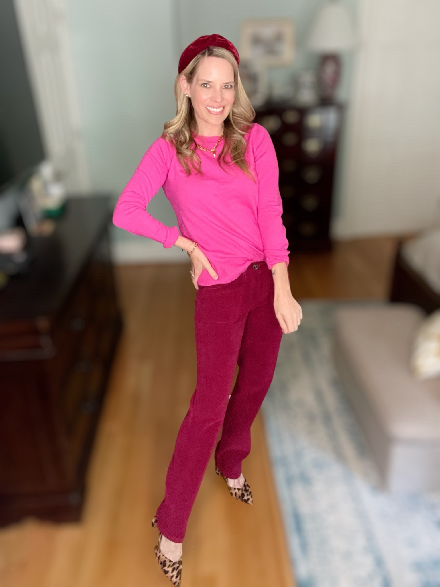 💖 Bold color + timeless gold details = a fall outfit formula I’ll be wearing on repeat! This bright pink crewneck sweater from Walmart adds the perfect pop of color, while burgundy Talbots corduroy pants give a luxe seasonal touch. I styled it with a plush velvet headband and leopard heels for that playful twist that keeps it classic yet fresh. 🍷✨

The real stars? My custom gold jewelry stack from Ahava Jewels 💛 Each piece is engraved and personalized, making it a chic yet meaningful gift idea. I’m layering the Custom Engraved Heart Link Bracelet, Lydia Custom Engraved Heart Ring, and Alice Custom Engraved Key Necklace, plus the dainty Zodiac Tennis Bracelet for sparkle. These waterproof, tarnish-resistant pieces are perfect for everyday wear and look gorgeous stacked together. 🌟

Finishing touches include my Abbott Lyon two-tone pearl watch ⏱️ and COACH pearl stud earrings for an elegant mix of statement and subtle details.

This outfit is cozy, polished, and versatile—perfect for fall gatherings, work looks, or casual holiday dinners. 🍁

⸻

fall outfit ideas, colorful fall outfit, pink sweater outfit, burgundy pants outfit, leopard heels fall look, affordable Walmart sweater, Talbots corduroy pants, velvet headband fall accessory, Ahava Jewels custom jewelry, personalized jewelry gift ideas, Abbott Lyon watch, COACH pearl earrings, fall fashion 2025, classic fall style


#LTKFindsUnder100 #LTKWorkwear #LTKFindsUnder50