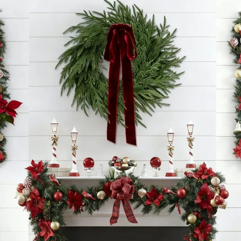 19" Low-Maintenance Norfolk Pine & Cedar Wreath | Artificial Christmas Wreath with Red Velvet Bow... | Walmart (US)