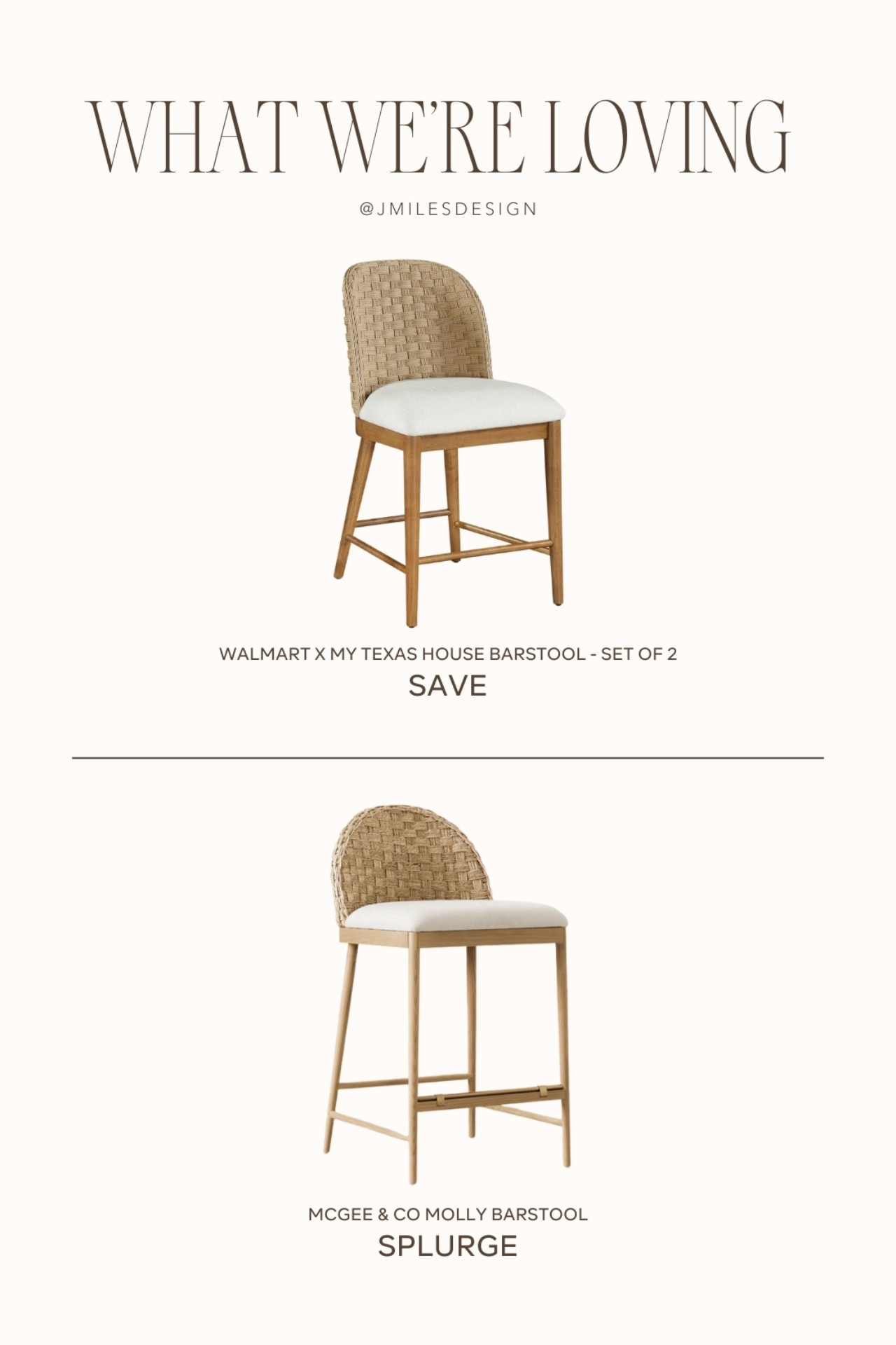 When the save looks just as good as the splurge 🤎
This woven barstool find from Walmart is giving all the McGee & Co. vibes for a fraction of the price. 
#saveorsplurge #lookforless #dupealert #ltkhome #interiordesign

#LTKSaleAlert #LTKHome