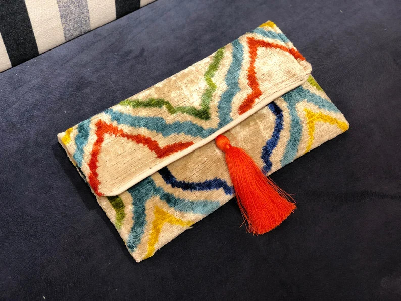 handmade silk velvet ikat clutches, silk velvet ikat tote bags, colorful ikat evening bags, forma... | Etsy (US)