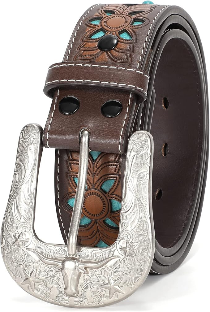 XZQTIVE Women Men Genuine Leather Belt Vintage Ladies Western Belt Engraved Tooled Leather Belt C... | Amazon (US)