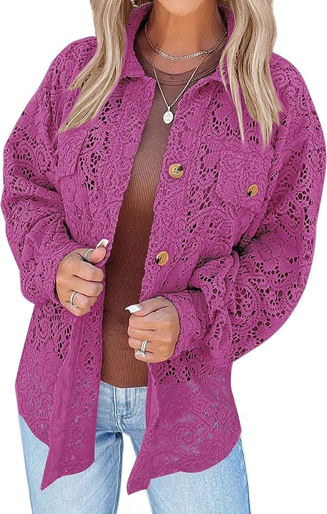 MEROKEETY Womens Long Sleeve Crochet Lace Cardigan Lightweight Button Down Shacket Shirts | Amazon (US)
