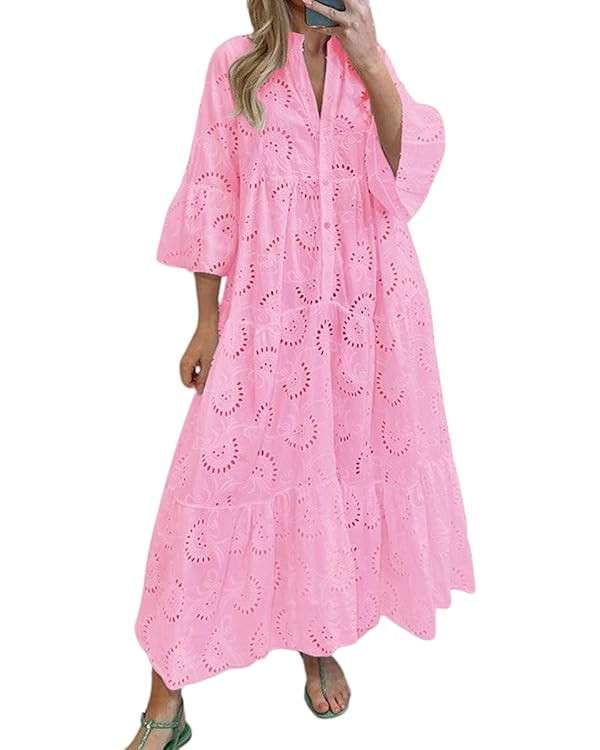 chouyatou Women's 2025 Lace Eyelet Embroidery Maxi Dress V-Neck Trumpet Sleeve Boho Flowy Swing D... | Amazon (US)