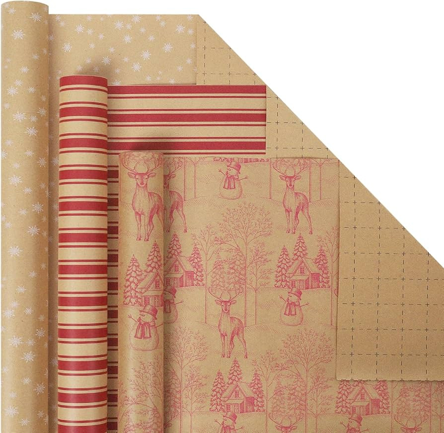 LaRibbons Kraft Christmas Wrapping Paper Rolls with Cutlines, Rustic Christmas Toile/Deer/Polka D... | Amazon (US)