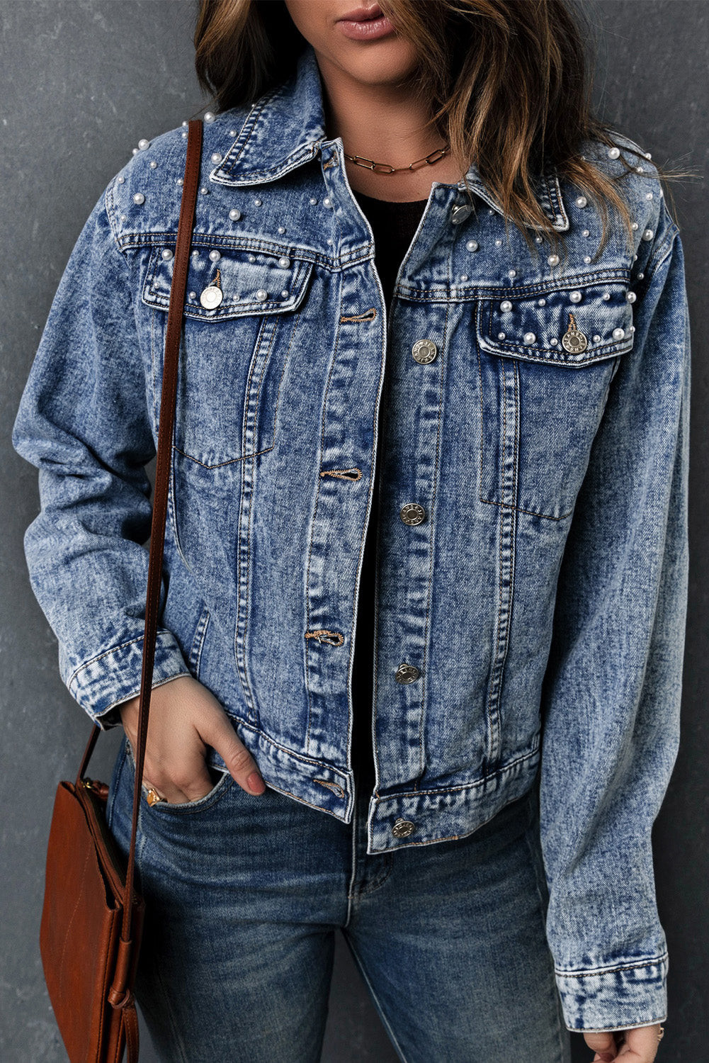 Pearl Turn Down Collar Denim Jacket | Evaless