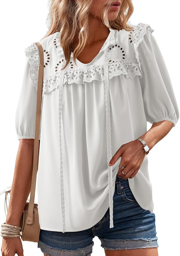 Dokotoo Womens Summer Tops 2026 Boho Short Sleeve V Neck Lace Embroidered Tie Front Casual Loose ... | Amazon (US)