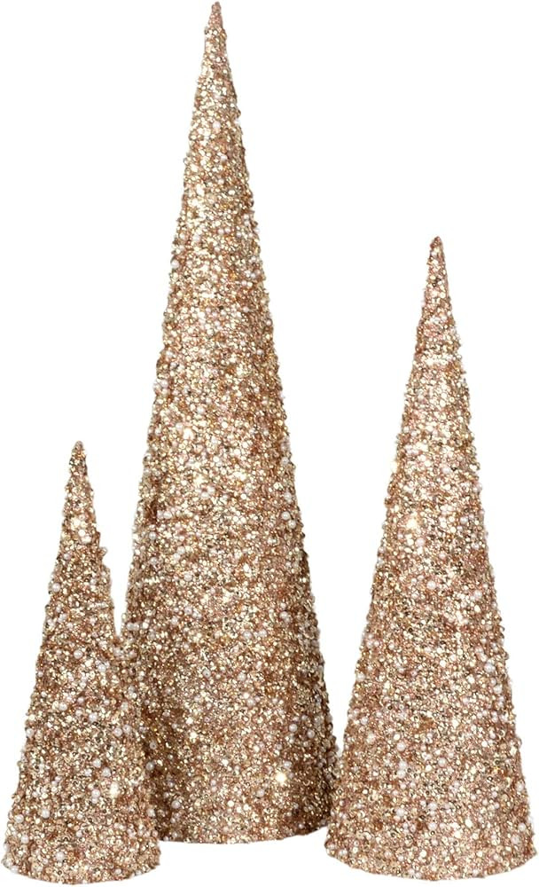 TenWaterloo Set of 3 Champagne Gold and Pearl Glittered Christmas Topiary Cone Trees- 24 Inches, ... | Amazon (US)