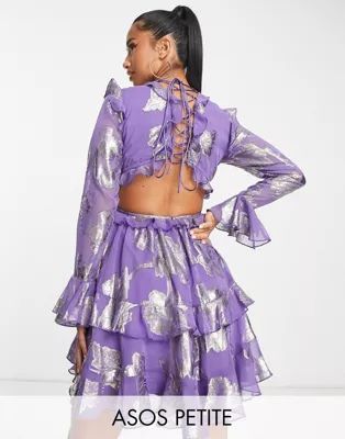 ASOS DESIGN Petite tiered ruffle floral jaquard mini dress with ruffle detail skirt in purple | ASOS (Global)