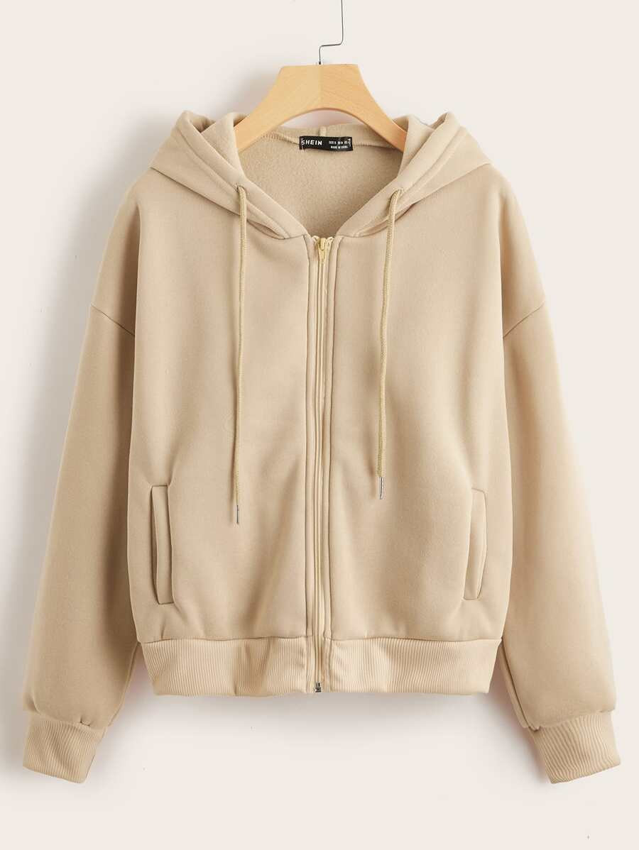 Drop Shoulder Zip Up Thermal Drawstring Hoodie | SHEIN