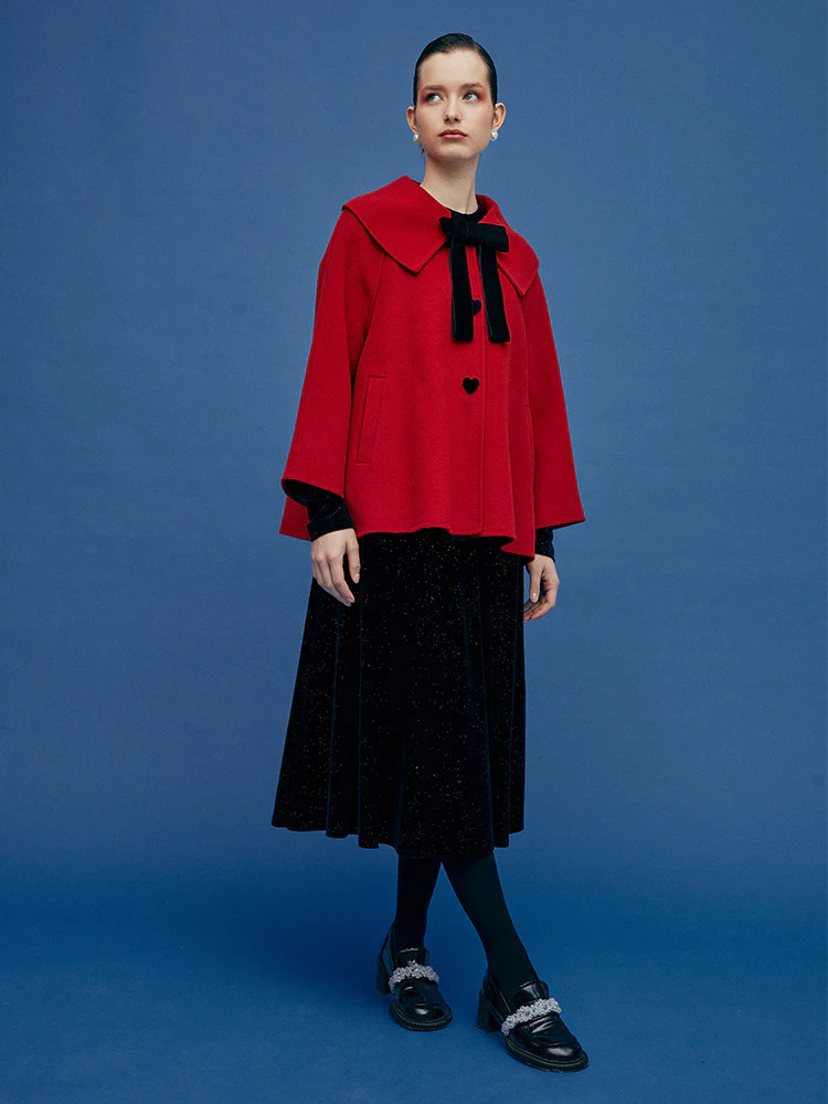 Chili Red Lapel Cape Woolen Coat | GoeliaGlobal
