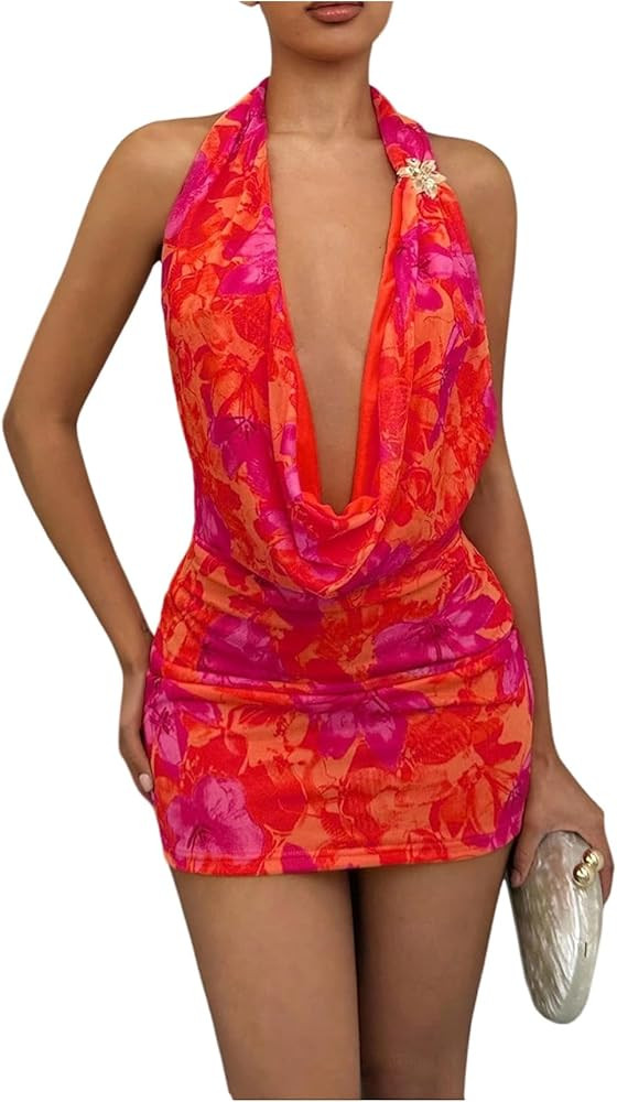 OYOANGLE Women's Floral Print Sexy Deep V Neck Halter Bodycon Mini Dress Sleeveless Party Club Dr... | Amazon (US)