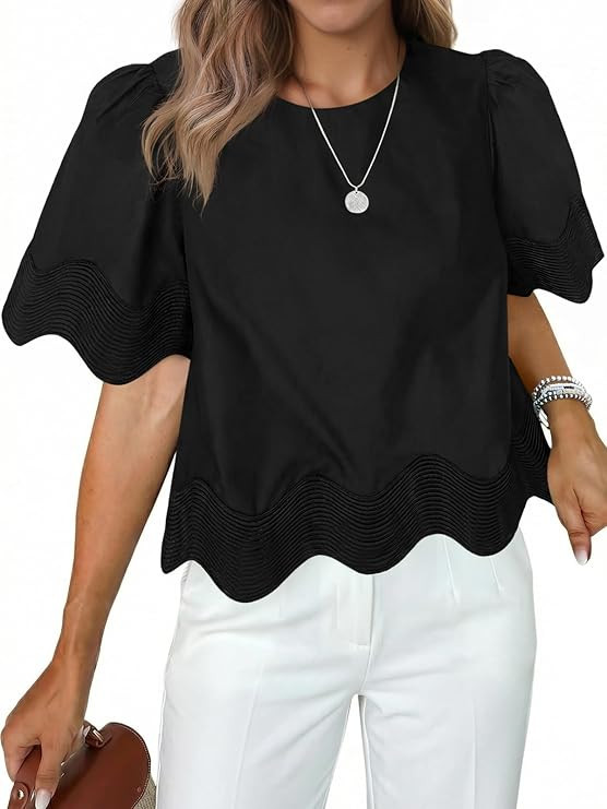 Tankaneo Womens Short Sleeve Crop Tops Summer Casual Scalloped Flowy Blouse Crewneck Ruffle Loose... | Amazon (US)