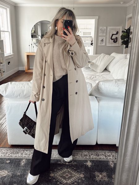 Classic winter outfit - trench coat (size m) cozy soft sweater (m) and polished classic wide leg trousers with a fun statement bag and sneakers 

#LTKSeasonal #LTKstyletip