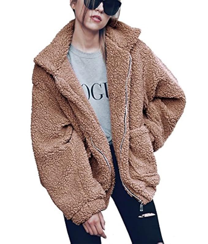 PRETTYGARDEN Women's Fashion Long Sleeve Lapel Zip Up Faux Shearling Shaggy Oversized Coat Jacket wi | Amazon (US)