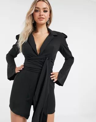 I Saw It First crepe shoulder pad drape belted blazer dress in black | ASOS (Global)