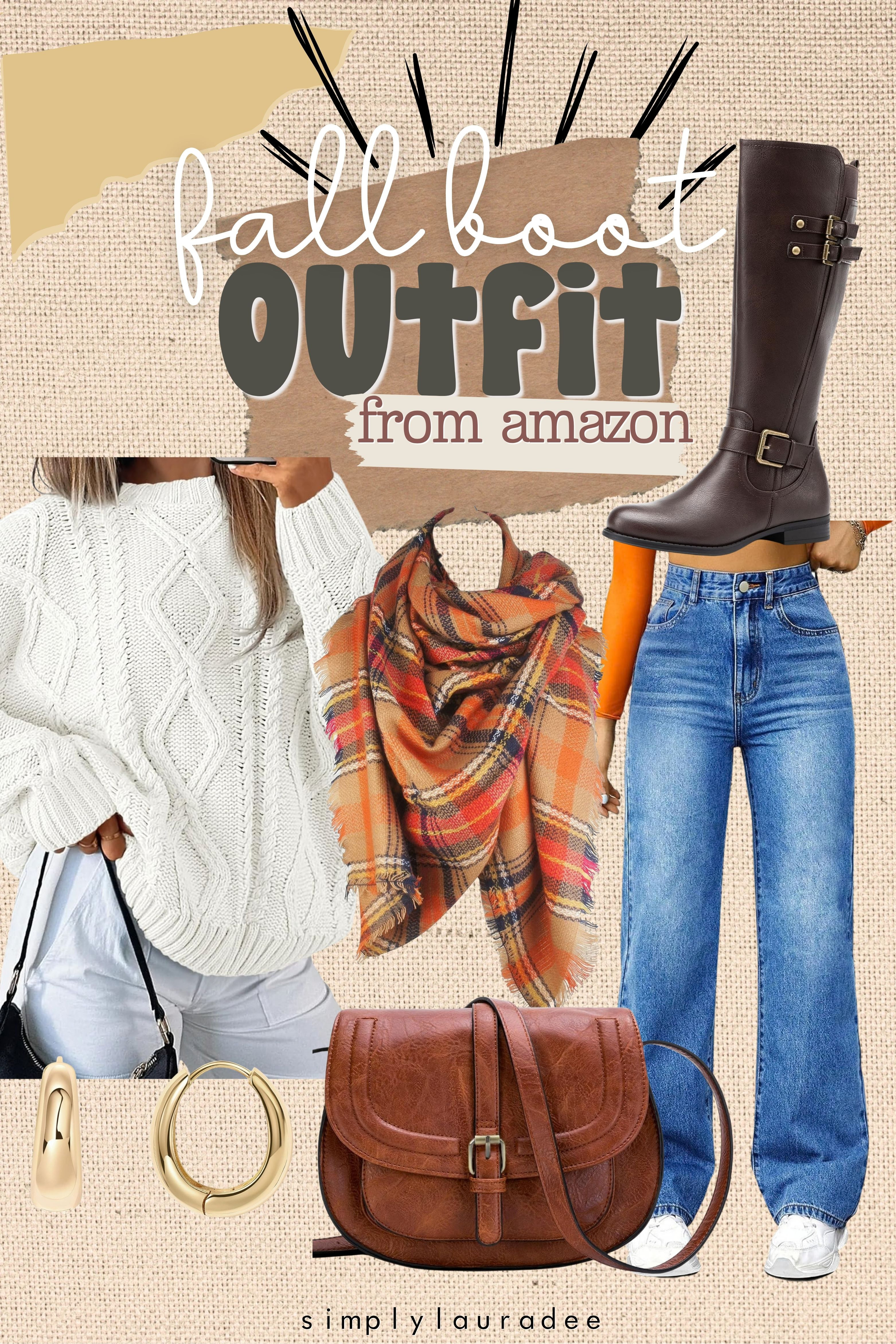 My cozy fall boot outfit, all from Amazon! A cream cable knit sweater, plaid blanket scarf, and tall brown boots with wide-leg jeans feel so autumn and are easy to throw on. #fallootfit #bootoutfit #amazonfashion 

 #LTKdayinmylife #LTKSeasonal #LTKOver40