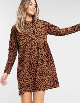 ASOS DESIGN smock mini dress with long sleeves in leopard print | ASOS (Global)