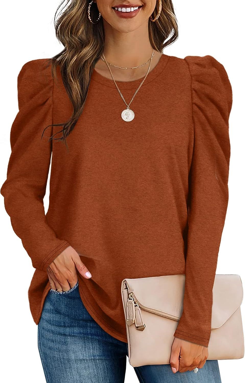 OFEEFAN Womens Tunic Tops Puff Sleeve Crew Neck Long Sleeve Shirts Solid Color | Amazon (US)