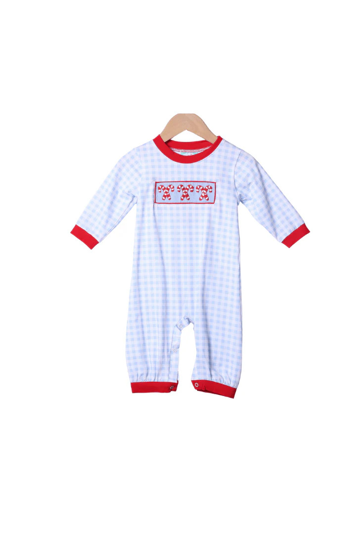 Smocked Blue Gingham Red Knit Candy Cane Romper | The Smocked Flamingo