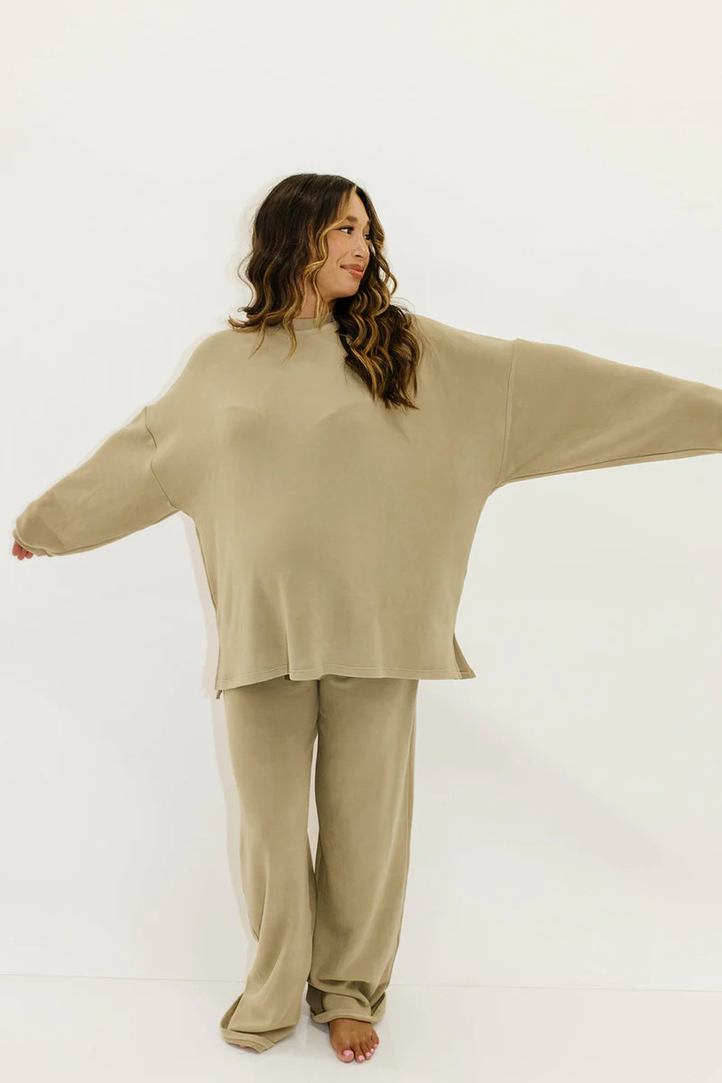 Naomi Oversized Fleece Top in Green Taupe | Worth Collective