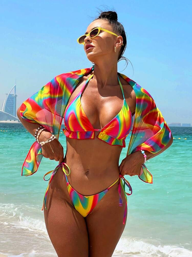 Allover Print Halter Triangle Bikini Swimsuit With Beach Skirt
       
              
           ... | SHEIN