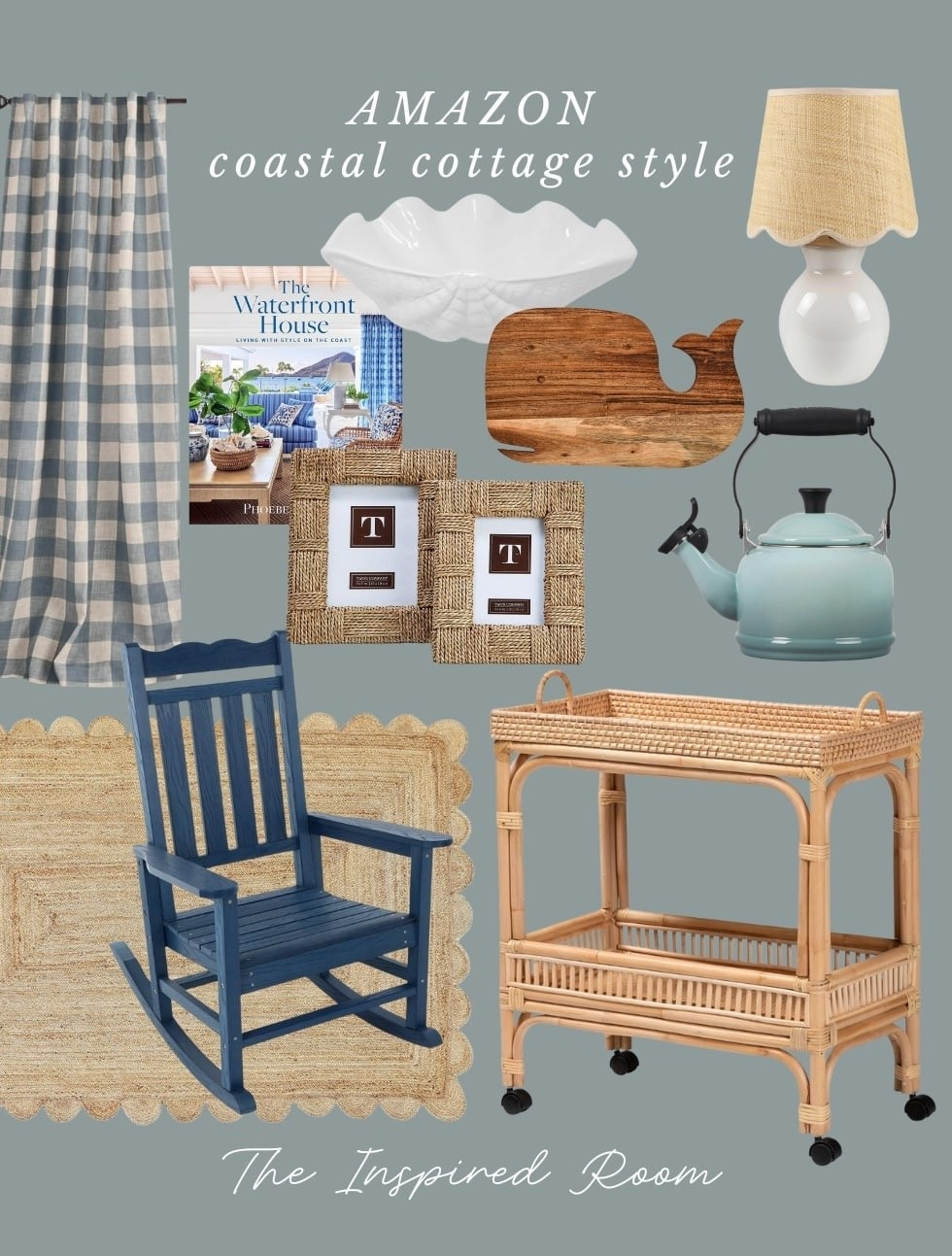 Coastal Cottage Amazon home decor finds - things I own and love: rocking chair, whale wood board, scalloped shade lamp, buffalo check chambray curtains, kettle. More: rattan bar cart, book, shell bowl, frames, scalloped jute rug 

#LTKFindsUnder100 #LTKSaleAlert #LTKHome