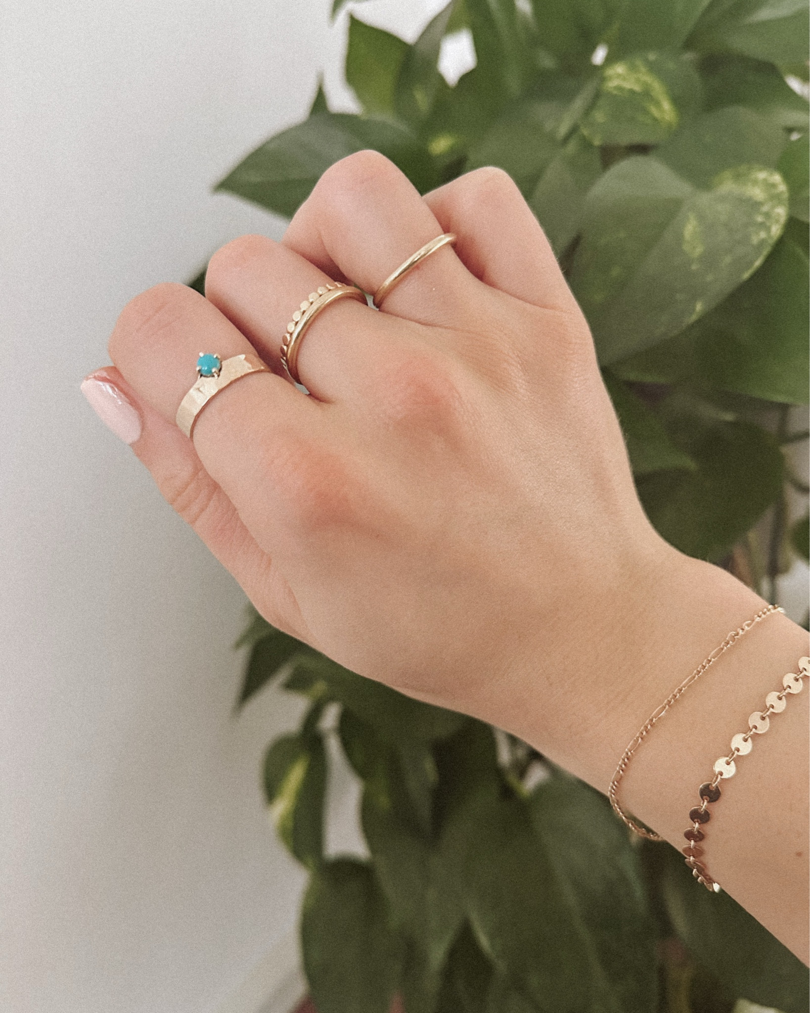 Index finger rings are James Michelle (linked on ShopMy) and Foster Jewelry Coz

Middle finger + ring finger bands are from Sarah O Jewelry (linked on ShopMy)

Middle finger poppy ring is from Yesrly Co. They make their stacker collection available a few times a year.

I’ve linked some similar rings here.