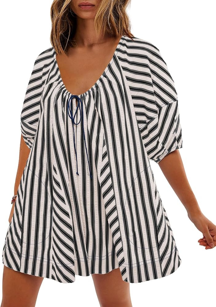 SENSERISE Womens Oversized Striped Romper Dress Shorts Jumpsuit Travel Outfit Beach Vacation Clot... | Amazon (US)