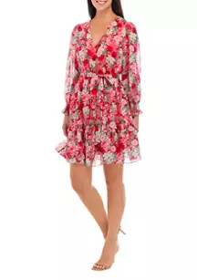 Women's Long Sleeve V-Neck Floral Tie Waist Ruffle Fit and Flare Dress | Belk
