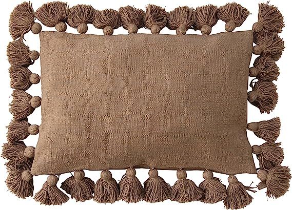 Creative Co-Op Woven Cotton Slub Lumbar Crochet and Tassels Pillow, 24" L x 16" W x 2" H, Brown | Amazon (US)