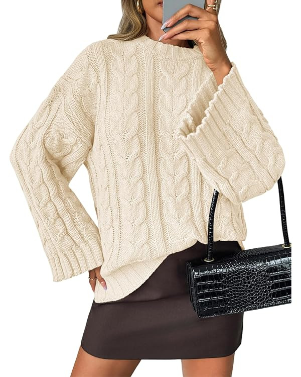 Saodimallsu Womens Oversized Sweaters Cable Knit Bell Batwing Sleeve Crew Neck Fall Winter Chunky... | Amazon (US)