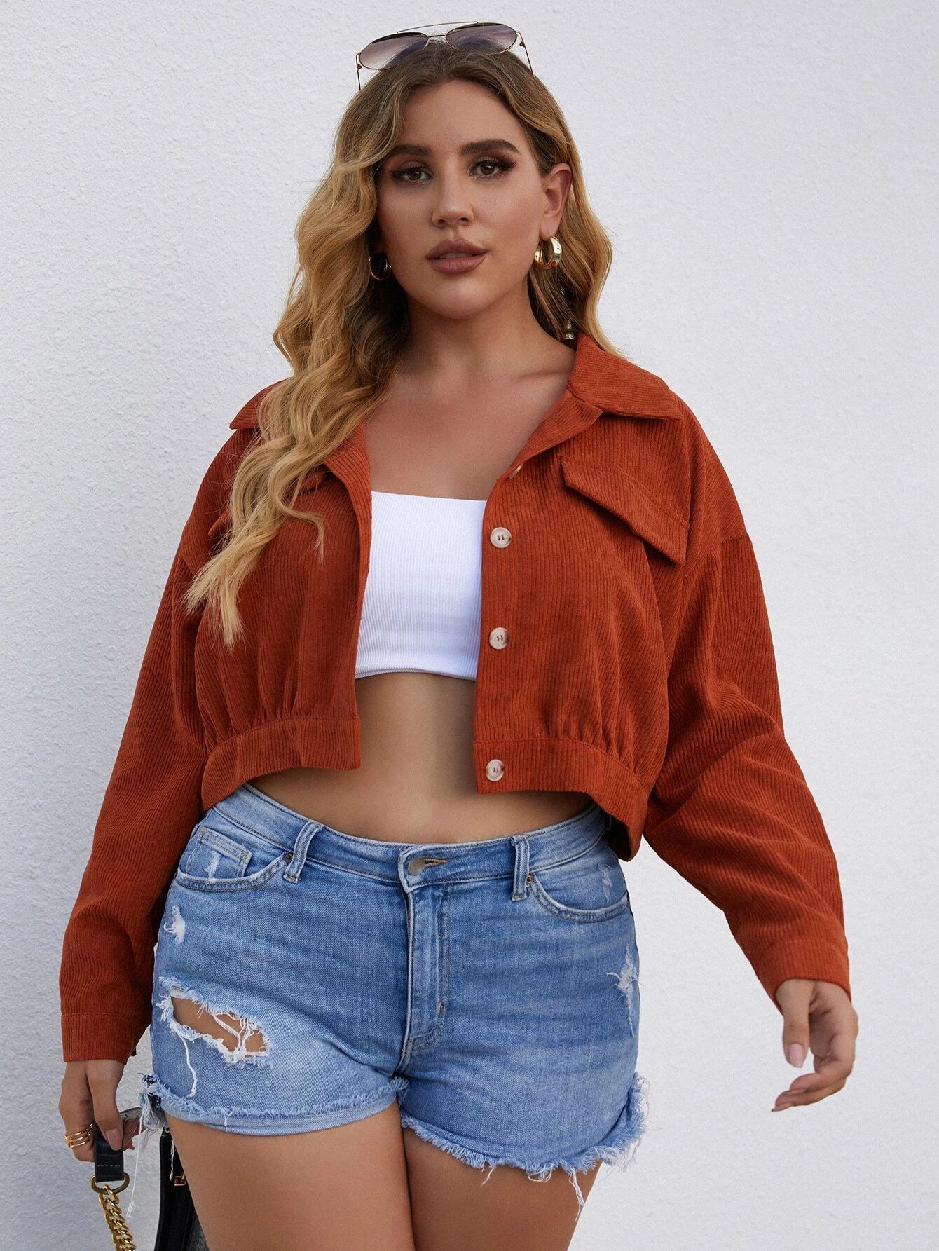 Plus Flap Pocket Drop Shoulder Corduroy Jacket | SHEIN