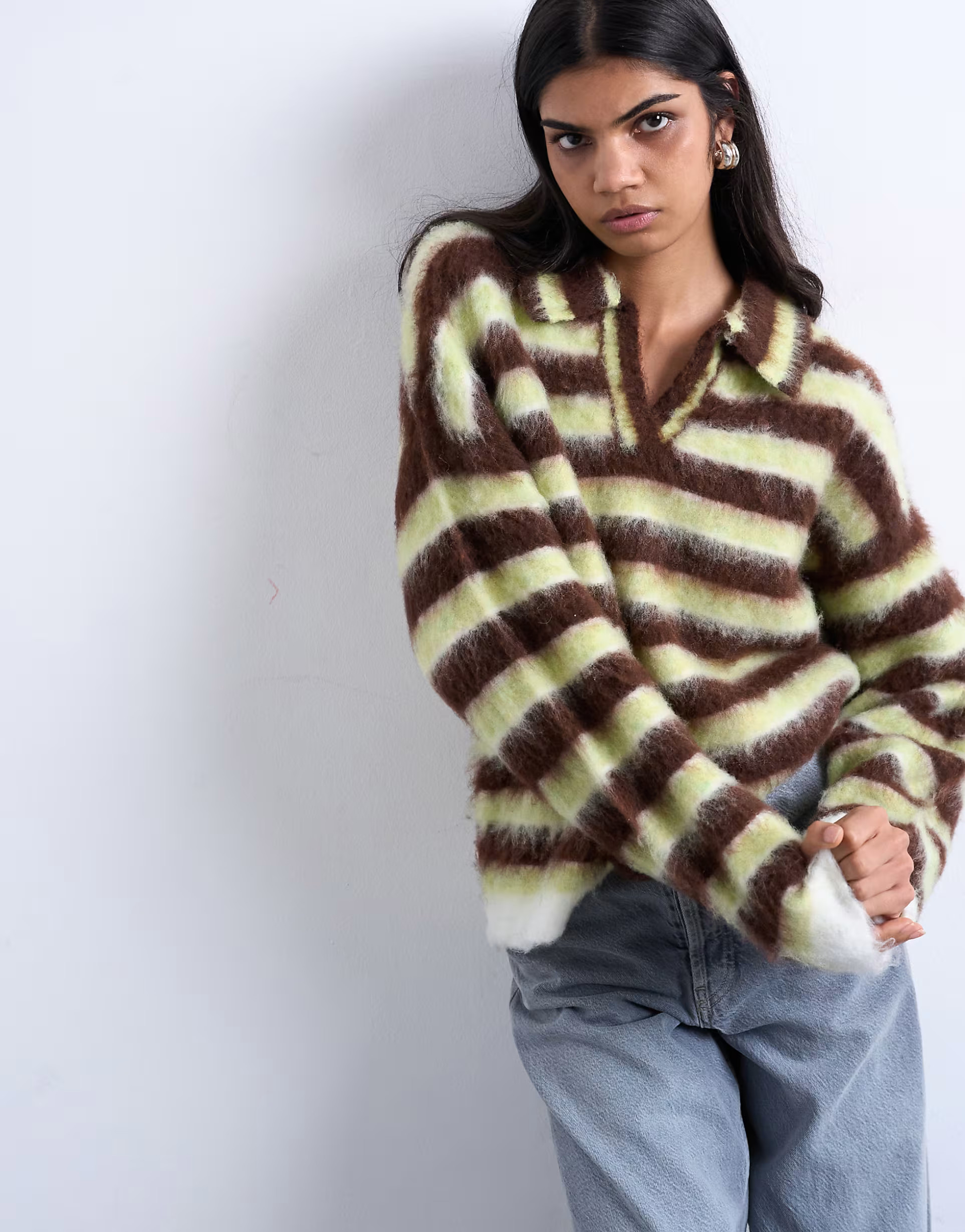 Topshop knitted v neck fluffy polo in green and brown | ASOS (Global)