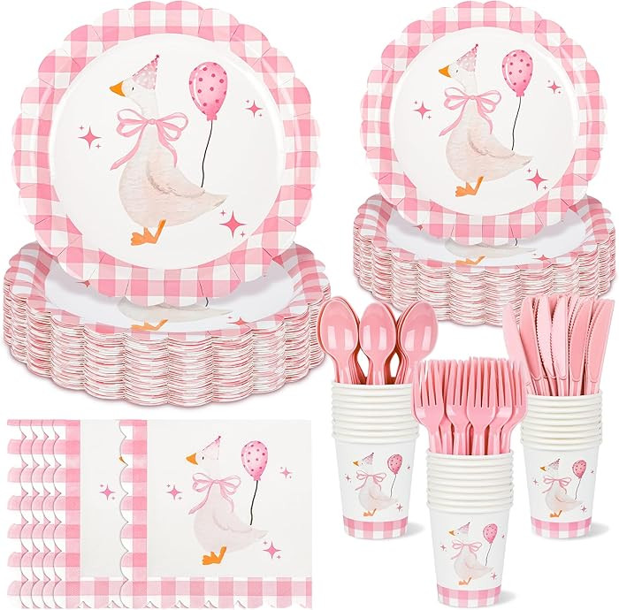 175 PCS One Silly Goose Birthday Party Tableware Set, Pink Gingham Party Supplies for 25 Guests S... | Amazon (US)