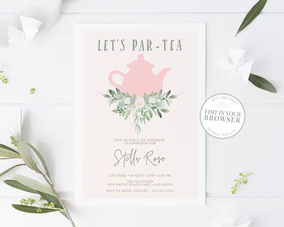 Tea Party Birthday Invitation, Printable, ParTea, 1st Bday Invite, Tea for Two, Instant Download,... | Etsy (US)