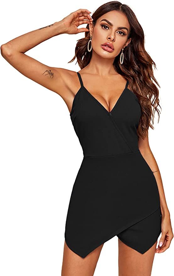 Verdusa Women's Deep V Neck Asymmetrical Sleeveless Wrap Cami Romper Jumpsuit | Amazon (US)