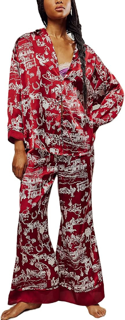 LILTWIST Silk Satin Western Cowgirl Pajamas for Women 2 Piece Floral Pjs Wide Leg Lounge Pants Lo... | Amazon (US)