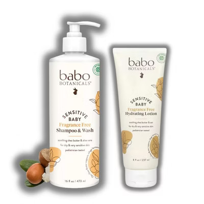 Babo Botanicals Sensitive Baby Fragrance Free Shampoo & Wash (16 oz) & Hydrating Lotion (8 oz) | For Dry & Very Sensitive Skin - DUO SET KIT | Target