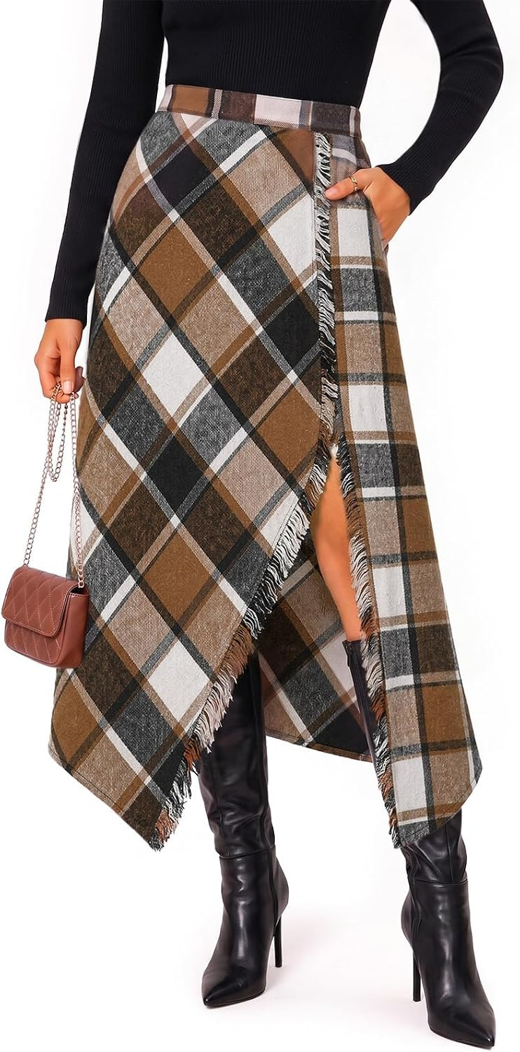 Plaid Skirts for Women Wrap Asymmetrical Hem Tartan Slit Midi Skirt | Amazon (US)